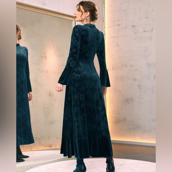 Velvet Mock-Neck Flounce Sleeve Dress in Turquoise - Picture 2 of 3